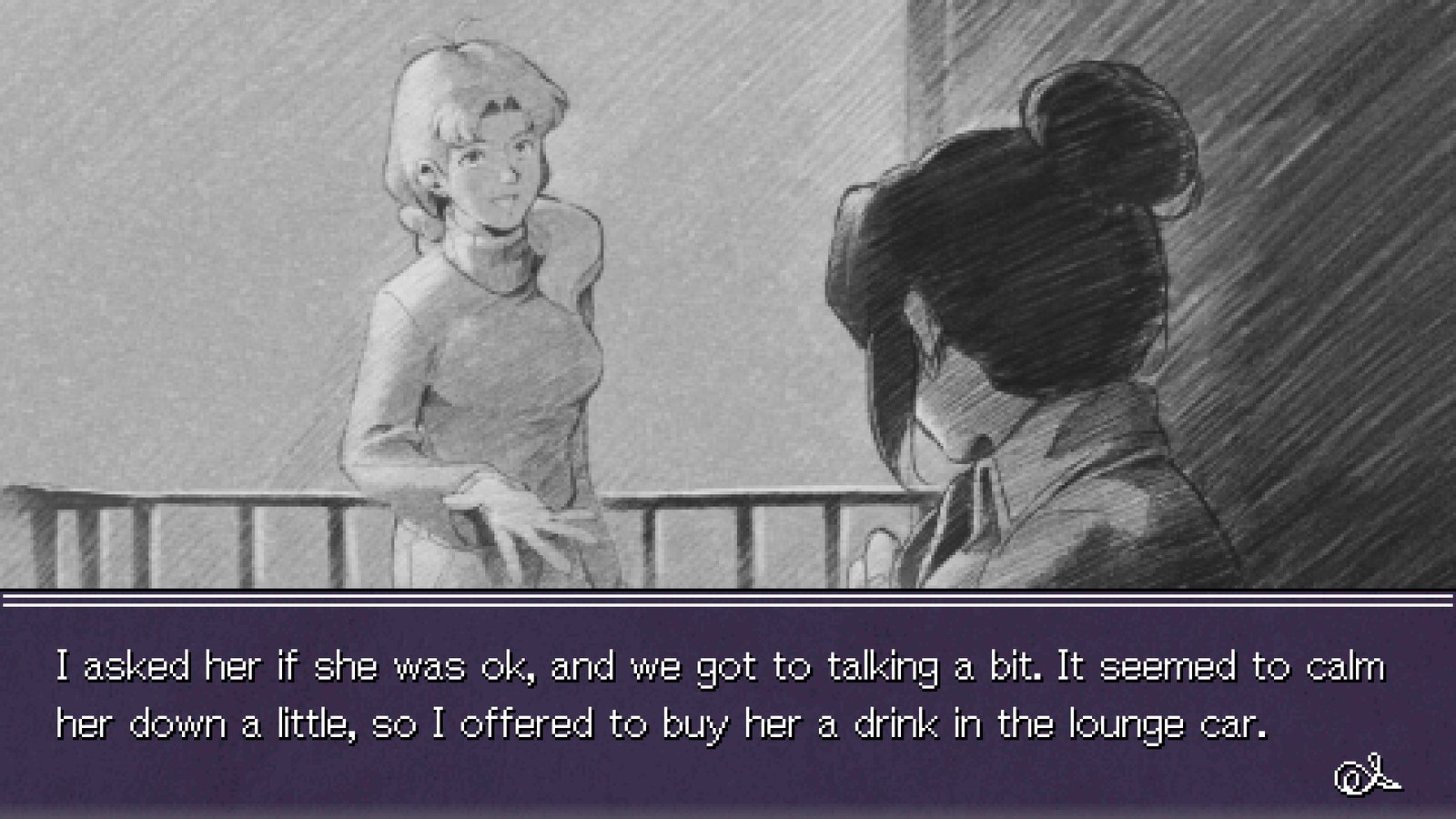 A pencil-drawn artstyle showing two women speaking to one another on a balcony